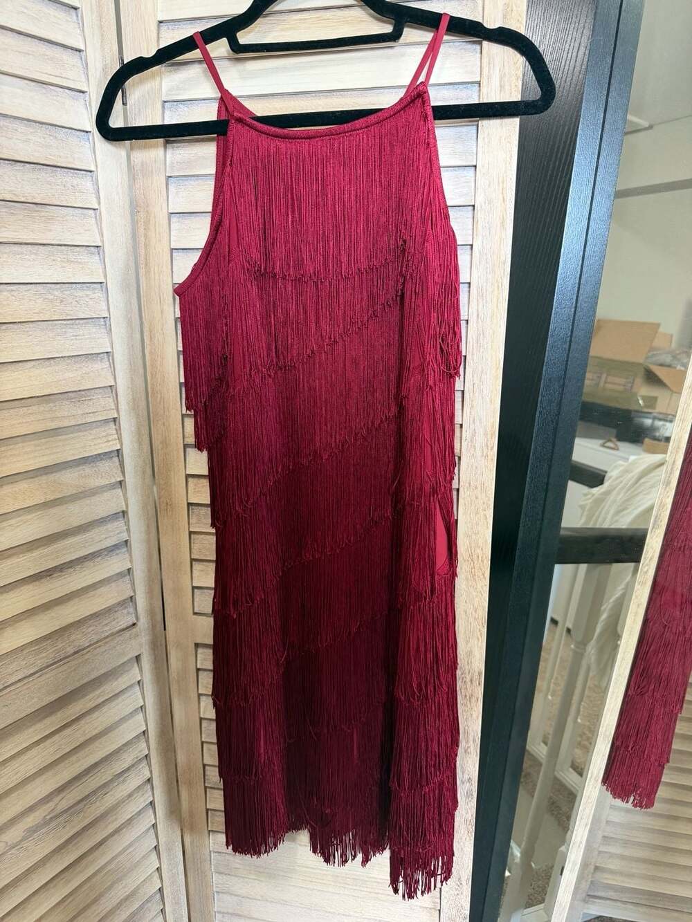 EUC White House Black Market Dark Red Tiered Fringe Sleeveless Dress Size S